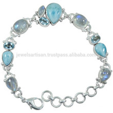 Larimar Rainbow Moonstone e Topázio azul com 925 Silver Chain Link Bracelet